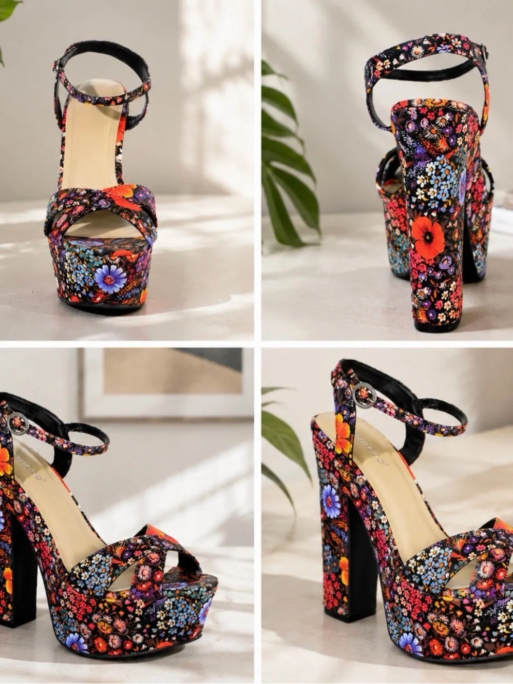 Anne Michelle Black Multicolor Floral Platform Block Heels